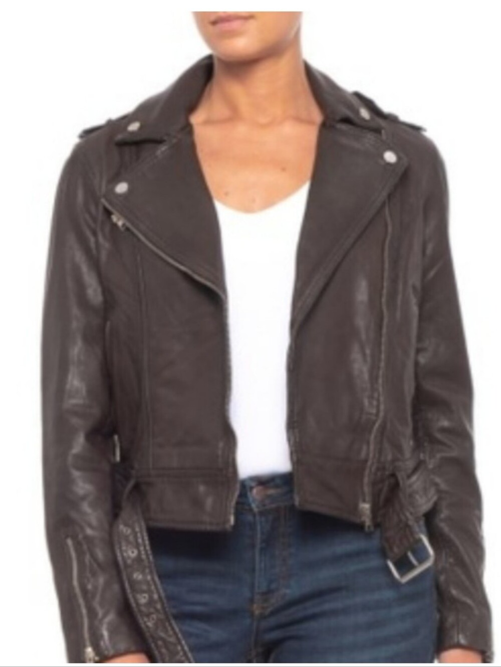 Soia And Kyo Lambskin Brown Leather Moto Jacket With Removable Faux Fur Collar